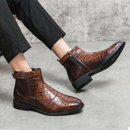 Men's Crocodile Pattern Boots Fashion Pointed Toe Low Square Heel Buckle Zipper Ankle Boots Business Formal Leather Shoes   (Available)