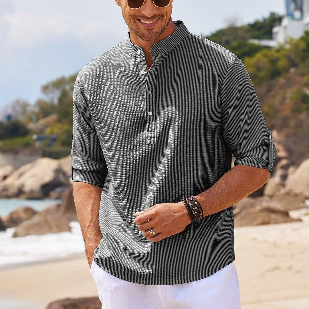 Men's Casual Shirt  Long Sleeve Stand Collar Solid Color Shirt Mens Clothing (Available)