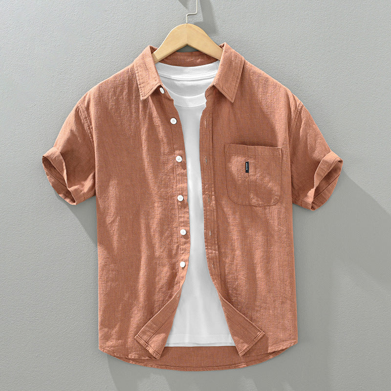 Solid Color Cotton And Linen Casual Fashion Short Sleeve Shirt (Available)