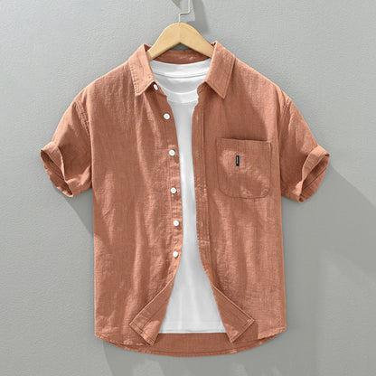 Solid Color Cotton And Linen Casual Fashion Short Sleeve Shirt (Available)