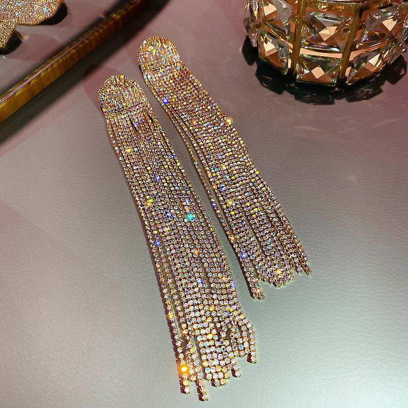 Exaggerated Personality Silver Full Diamond Super Long Tassel Ear Jewelry Women (Available)