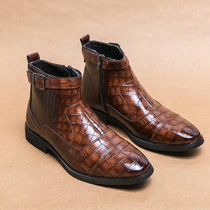 Men's Crocodile Pattern Boots Fashion Pointed Toe Low Square Heel Buckle Zipper Ankle Boots Business Formal Leather Shoes   (Available)