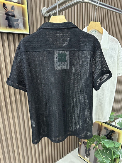 Summer Short Sleeved Shirt Hollow Knitted Men's Loose Trendy Brand   (Available)