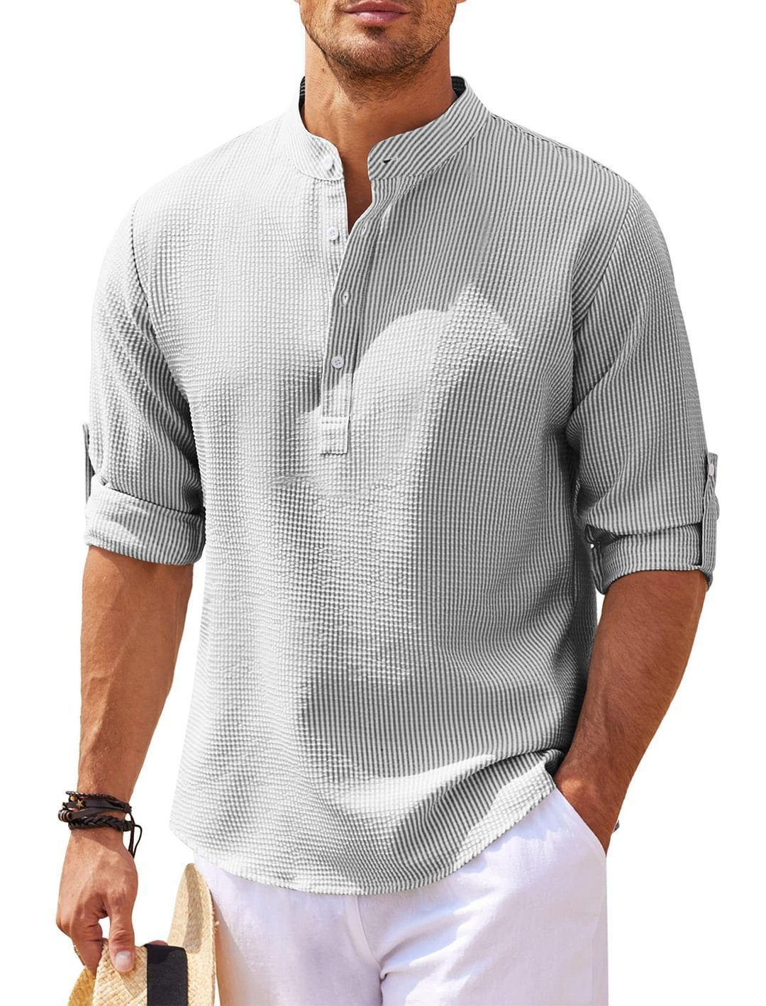 Men's Casual Shirt  Long Sleeve Stand Collar Solid Color Shirt Mens Clothing (Available)