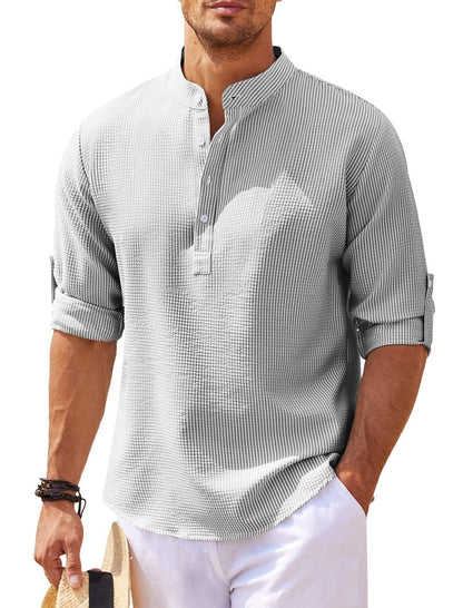 Men's Casual Shirt  Long Sleeve Stand Collar Solid Color Shirt Mens Clothing (Available)