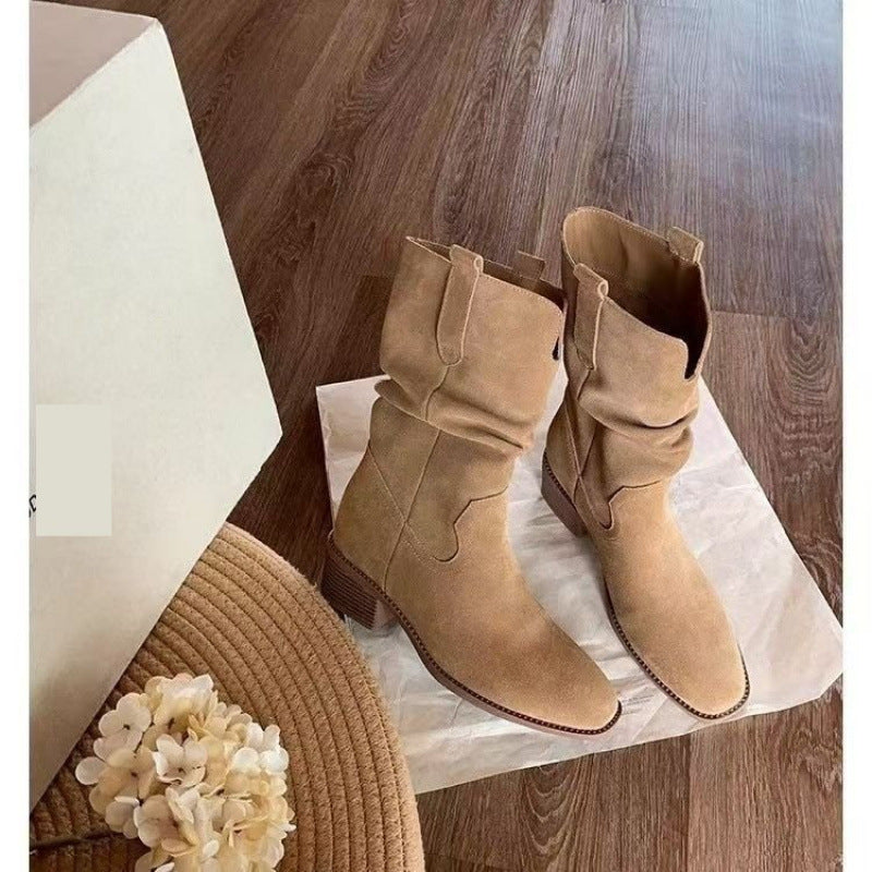 Autumn Western Pleated Short Single Women's Pile Style Boots