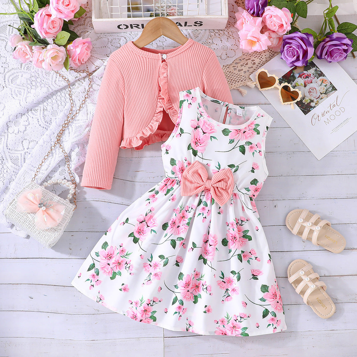 Girls' Colorful Suspender Skirt Solid Color Coat Set (available)