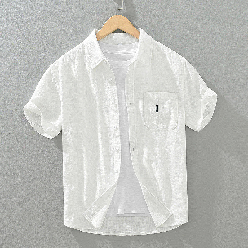 Solid Color Cotton And Linen Casual Fashion Short Sleeve Shirt (Available)